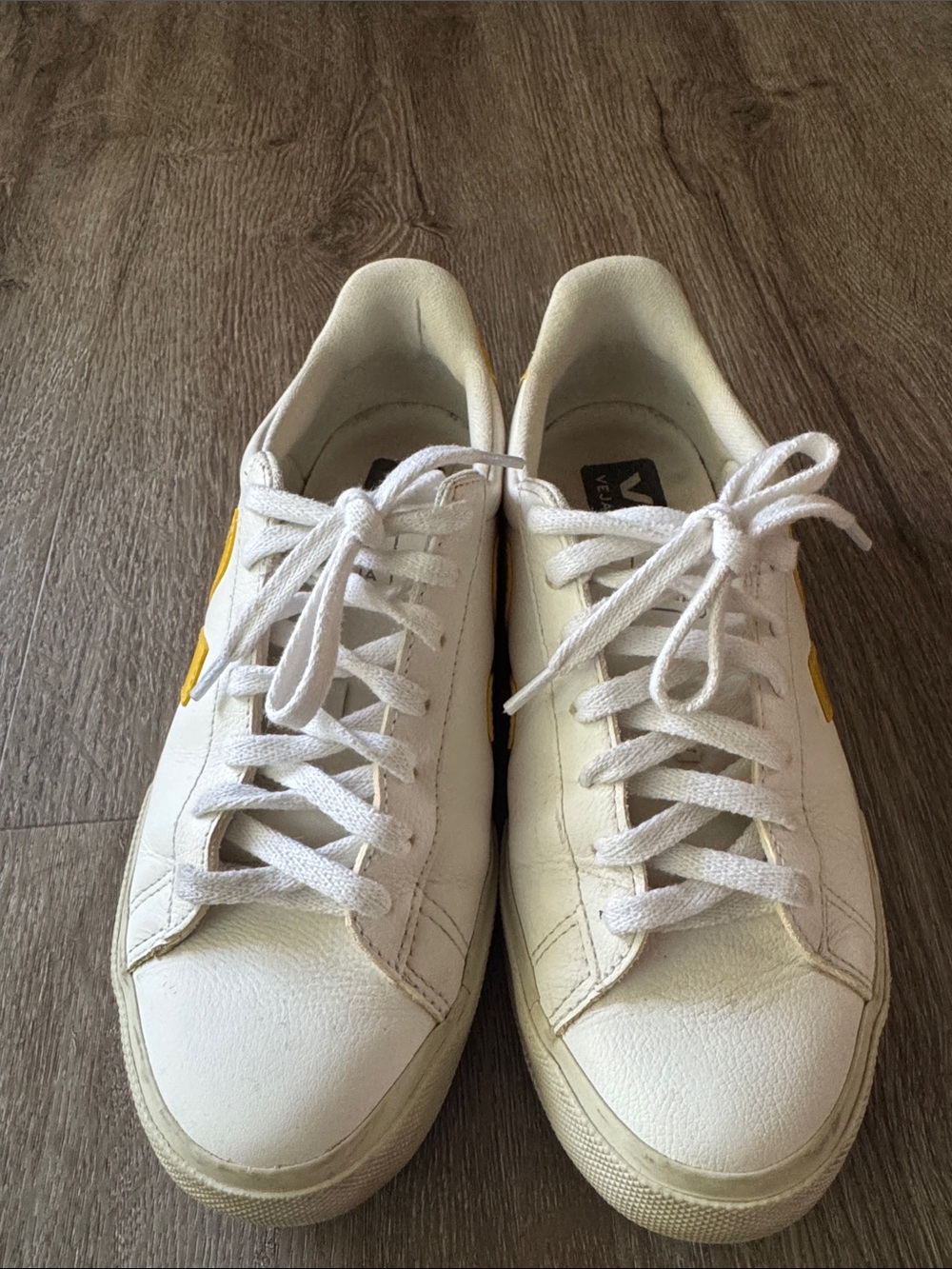 Veja White Leather Sneakers with Yellow Accent